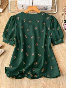 Mulvari 大码女式碎花休闲泡泡袖衬衫 - 墨綠色 - 查看 2