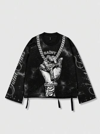 Street Life Maglietta vintage da uomo a girocollo con maniche lunghe e grafica Saint in stile urban consumato