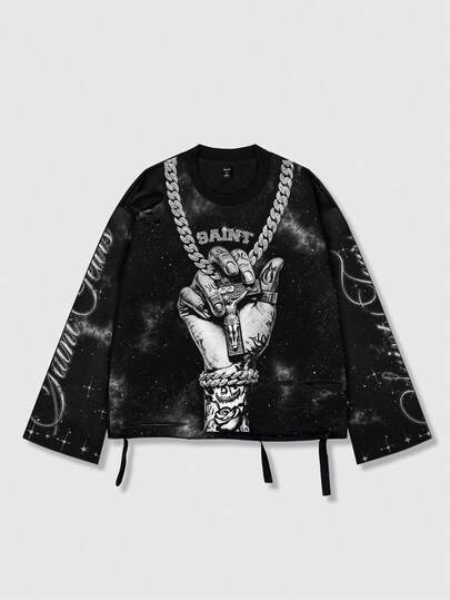 ROMWE MEN Street Life Spring Casual Graphic Vintage Street Style Distressed Saint Graphic Long Sleeve Crew Neck Men'S T-Shirt