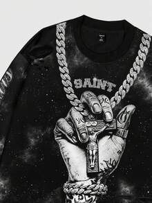 ROMWE MEN Street Life Áo thun nam dài tay cổ tròn in hình thánh nhân phong cách đường phố cổ điển - màu đen - Xem 4