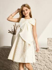 Vestido sin mangas con cuello redondo para niñas con decoración de lazo oversize, tela jacquard, elegante y para fiesta - Albaricoque - Ver 1