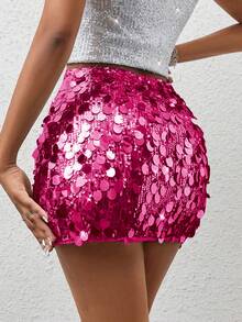 SHEIN PETITE Women's Fashionable Sexy Party Sequin Mini Skirt - Hot Pink - View 2