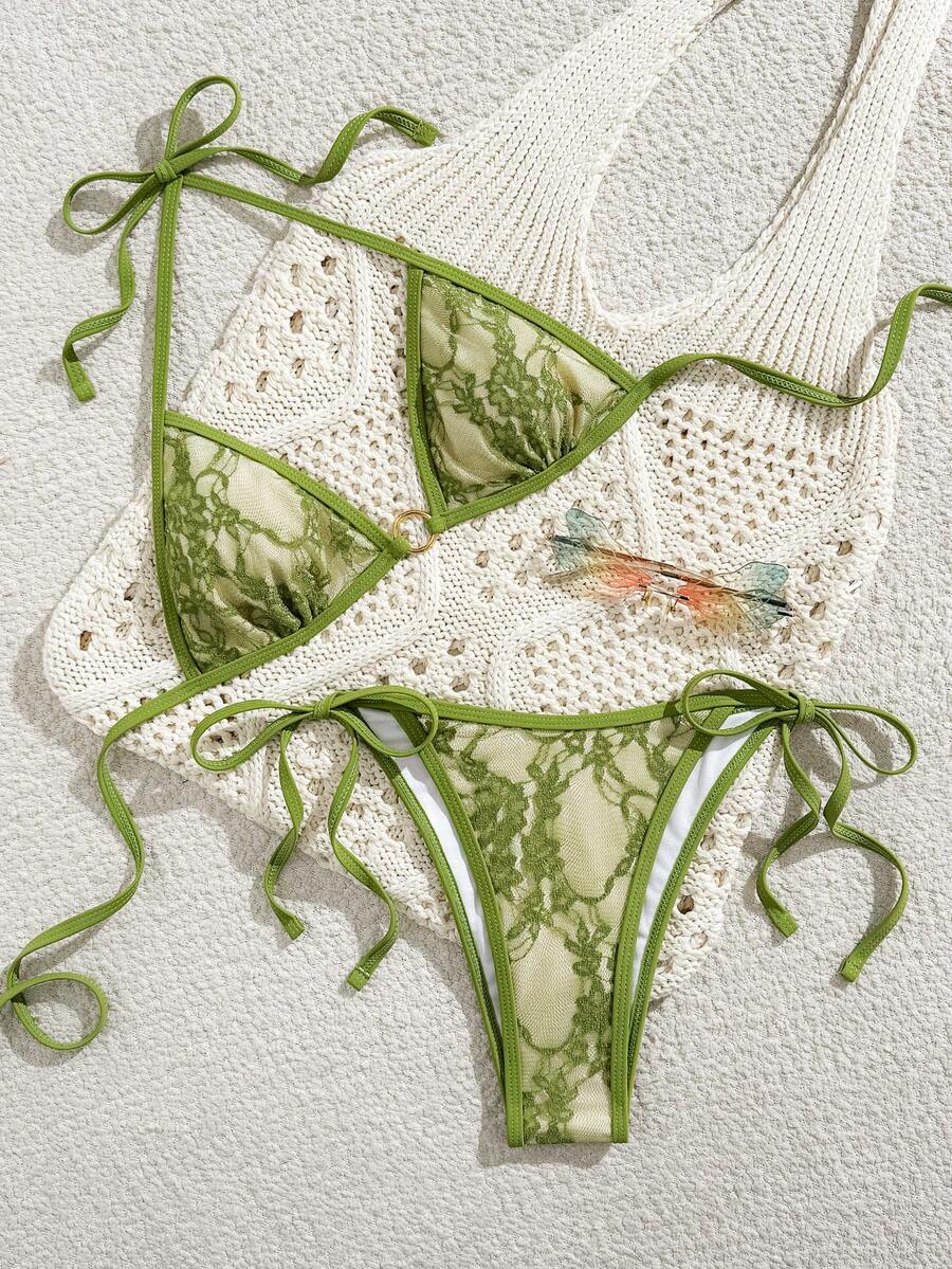 Swim Vcay Conjunto de bikini de 2 piezas con Bottom de triángulo de encaje para mujer, nuevo para primavera/verano 2026, para vacaciones en la playa, sexy - Verde - Ver 1