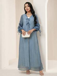 Veilorie 女士纯色抽绳长袖前系带阿拉伯长袍 - 水鴨藍 - 查看 3