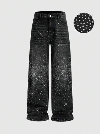 Street Life Jeans casuales holgados con bolsillo de contraste con diamantes brillantes para hombre