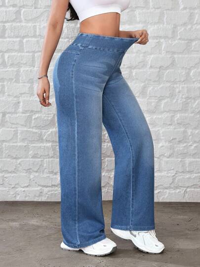 Flexra Women's Casual Washed High Waist Straight Leg Jeans