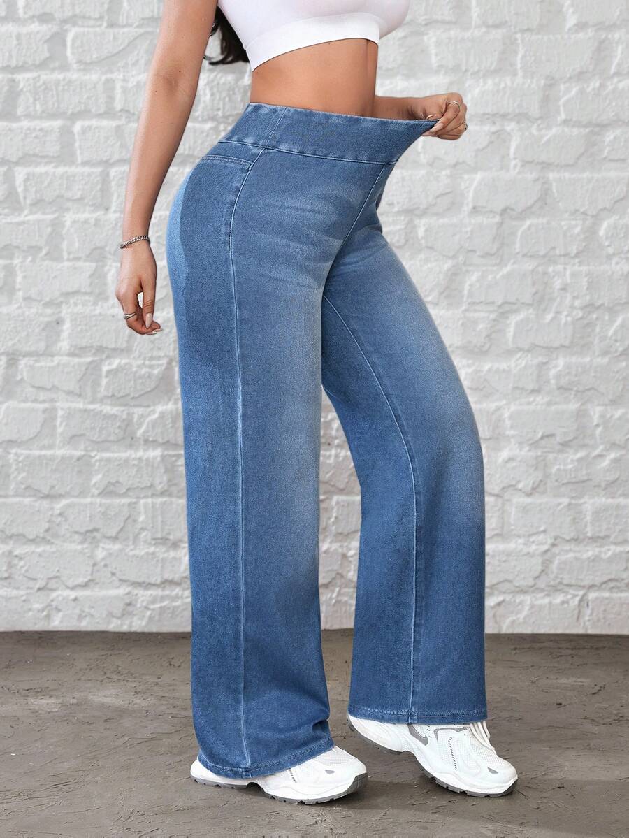 Flexra Women's Casual Washed High Waist Straight Leg Jeans - Medium Wash - View 1