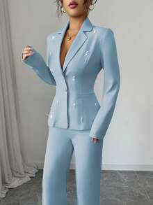 Elenzga Elegantes Damen Hosenanzug-Set mit Kragen, Langarm, Perlen-Verzierung, gerade geschnittene Bluse und gerade geschnittene Hose - Babyblau - Übersicht 3