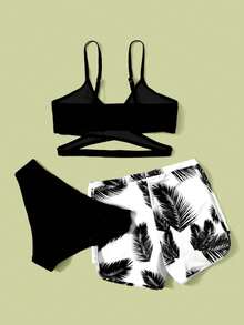 Teen Girls 3packs Tropical Print Contrast Binding Bikini Set Summer Beach - Black - View 2