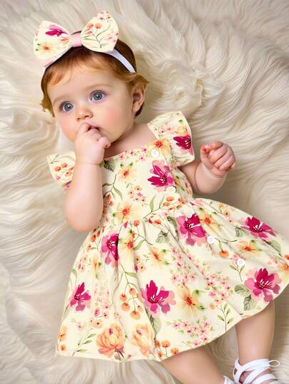 SHEIN 2pcs Baby/Toddler Girls' Cute Watercolor Floral Print Sleeveless Dress And Headband Set, Summer