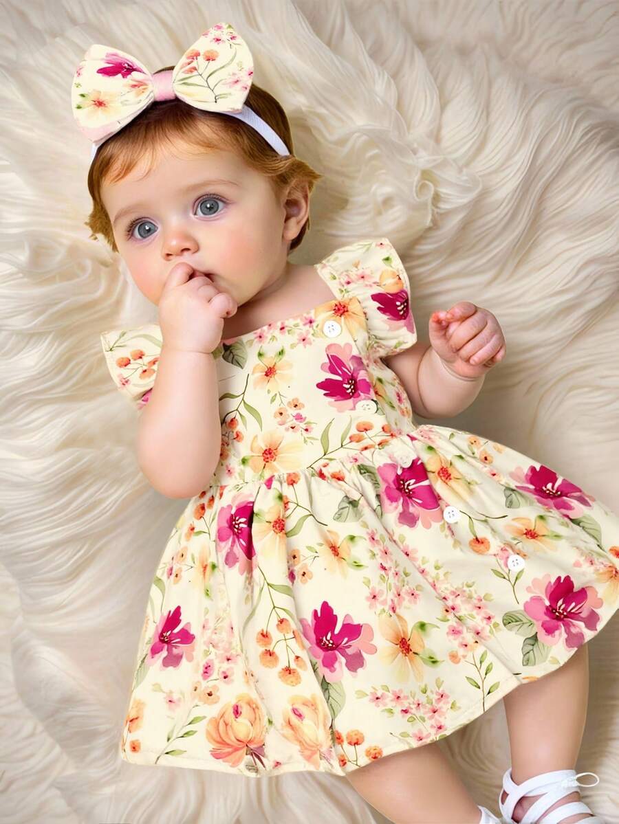 SHEIN 2件套女婴/幼儿可爱水彩花卉印花无袖连衣裙和发带套装，夏季 - 杏色 - 查看 1