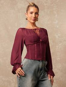 Lumalex Early Spring 1pc Women's Soft Mesh Patchwork Sheer Puff Sleeve Fitted Blouse Luxury NewYearNewLook QuietLuxe Prom Gathering Party Banquet Modest Old Money Coquette Glitter Holiday Party Rave Festival Outing Vacation Hot Outdoor Richly Layered Wedding Season Banquet ID Al-Adha Al-Adha Party New Year Looks Of Party For Autumn - Red Violet - View 11