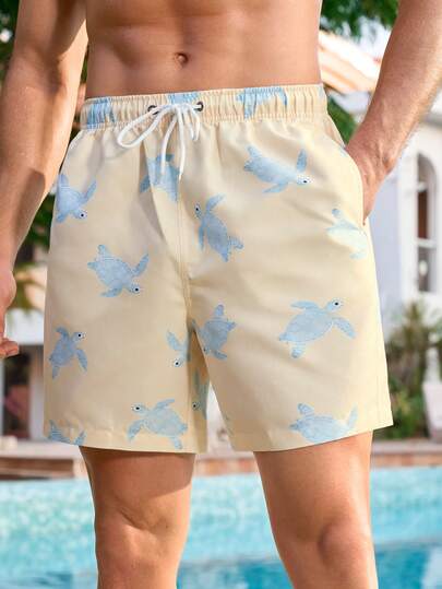 Manfinity VDAYZ Men's Drawstring Waist Pockets Turtle Print Casual Beach Shorts Mens Swim Trunks Mens Beachwear Mens Swimwear Pool Clothes Men Beige Swim Shorts Beige Swim Trunks Turtle Swim Trunks Drawstring Swim Shorts