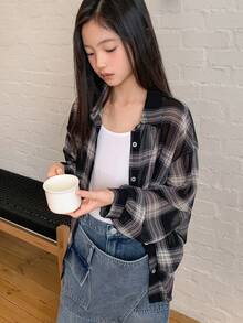 Dazy Kids 少女格子落肩长袖单排扣休闲宽松衬衫