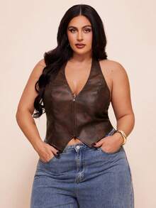 SHEIN BAE Áo kiểu nữ cỡ lớn gợi cảm, phong cách đường phố, nghỉ mát, chất liệu da PU, hở lưng, buộc dây, khóa kéo phía trước, màu nâu, thích hợp cho mùa hè, xuân hè, nữ mùa xuân, ngày Valentine, trang phục lễ hội, tiệc tùng, đi biển, đám cưới, thanh lịch, kỳ nghỉ hè, du lịch. - màu nâu - Xem 5