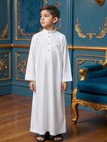SHEIN Kids Tween Boy Ramadan Jalabiya, Traditional Arab Clothing, Robe, Eid Dress, Casual Comfortable Color Block Round Neck Half-Zip Pullover Long Sleeve Shirt, Suitable For Spring/Summer, Outings, Valentine's Day, Dates, Travel, Vacation, Family Gatherings, Back To School, Wedding Season, Formal Dinners, Birthday Parties - White - View 2