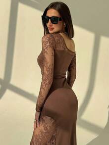 Aloruh Brown Lace Asymmetrical Shoulder Dress, Sheer Slit Elegant Evening Gown For Women - Coffee Brown - View 3