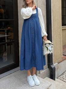 SHEIN Maternity Casual Denim Dress With Pockets Spring Christmas New Year Thanksgiving Commuting Vacation Graduation Chic Y2k Cute Streetwear Party Wedding Elegant Business Casual Woman - Blue - View 5