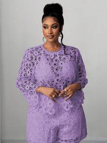 Maweii 大码纯色镂空圆领优雅长袖衬衫 - 淡紫色 - 查看 4