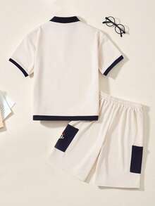 Casuvi Kids 2pcs/Set Casual Sports American College Style Teenager Boys' Outfit, Includes: Loose Fit Drop Shoulder Polo Shirt With Peace Earth Graphic, And Cargo Shorts With Graphic Pocket, Suitable For Sports, Weekends, Campus Life Boys 2 Piece Set Tween Boy Clothes Short Set Boys Casual Contrast Short Set