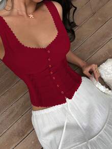 Sunnyshic Women's Fashion Casual 100% Cotton Lace Trim Patchwork Camisole - Burgundy - View 5