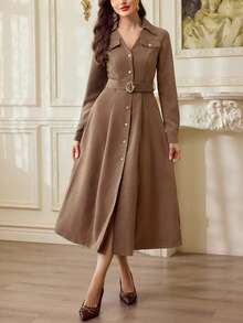 Vintamour Vintage Classic Elegant Women's Dress, Autumn/Winter, Fitted, Metal Button, Collar, Long Sleeve, Belt, Coffee Brown Color, Pocket Flap - Coffee Brown - View 3