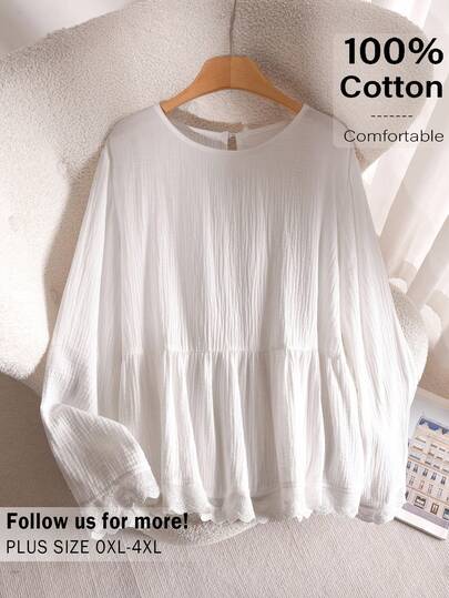 CosyJoli Plus Size Women Lace Trim Blouse, White Casual Top, Spring/Summer Solid Color Tops Cottagecore Clothes