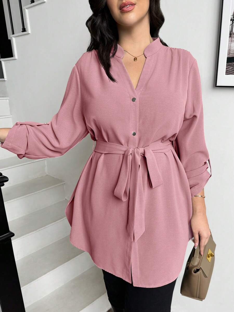SHEIN Essnce 大码女式秋冬宽松长袖红色长衬衫,V领,适合工作、教师、返校、办公室穿着、春季上衣 - 藕粉色 - 查看 1