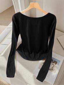 GlowEve CURVE Camiseta elegante de manga comprida casual para o dia a dia, com fivela metálica, tamanho grande, para primavera/outono. - Preto - Ver 2