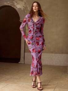 MOTF PREMIUM ROBE LONGUE À MANCHES LONGUES AVEC IMPRIMÉ ROSE ROMANTIQUE POUR FEMMES, PRINTEMPS/ÉTÉ - Multicolore - Voir 5