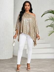 SHEIN Lady Women's Elegant Oblique Shoulder Split Sleeve Loose Blouse, Autumn Plus Size Women Clothes Batwing Sleeve Top Asymmetrical Top Plus Poncho Top Asymmetrical Poncho - Gold - View 6