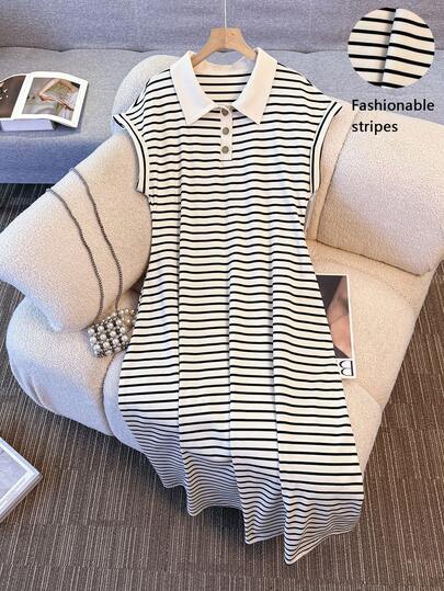 GlowEve CURVE 大码斜褶腰条纹Polo领连衣裙