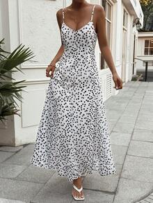 Livesso Đầm midi cổ chữ V chấm bi cho nữ, thích hợp đi nghỉ mát mùa hè. - Đen và trắng - Xem 3