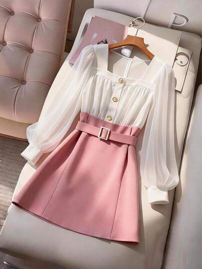 GlowEve CURVE 大码女式优雅撞色二合一翻领收腰喇叭长袖连衣裙，适合上学、外出和约会，秋冬季穿着