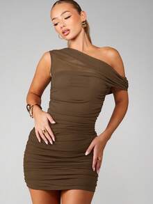 MISSGUIDED Asymmetrical Off Shoulder Mesh Overlay Ruched Mini Dress With One Sleeve Design For Party Evening Occasions - Brown - View 5