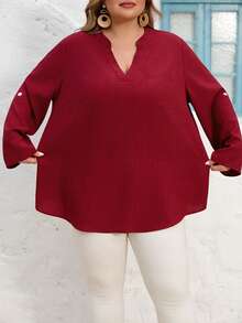 SHEIN CURVE+ Curve 尺码 US22 音乐节、海滨度假、波西米亚风 CURVE PLUS / / 女士纯色深V领卷袖休闲衬衫 - 酒紅色 - 查看 4