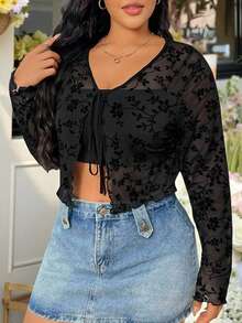 SHEIN EZwear 女裝大尺碼春夏百搭毛絨網紗花朵系帶短款上衣