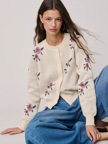 Nöista 浪漫针织开衫，花卉提花图案，长袖，配同色纽扣。柔软优雅，适合春季、女士穿着，尽显高贵气质，是度假、假日和夏季的理想之选。 - 杏色 - 查看 1