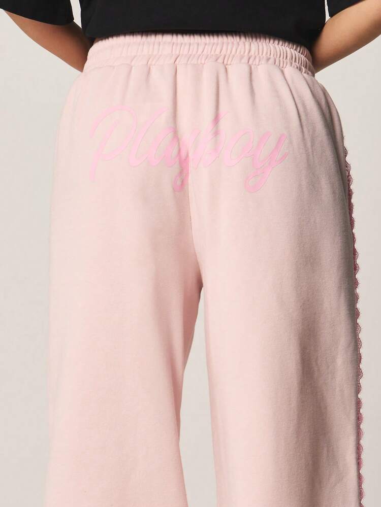 Missguided x Playboy Elastic Waist Drawstring Sweatpants With Side Stripes And Script Print Casual Lounge Pants
