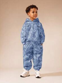 SUMWON Young 男童蓝色 Grunge 泼墨连帽衫和运动裤套装，休闲街头风都市舒适日常穿搭，适合度假。 - 霧霾藍 - 查看 4