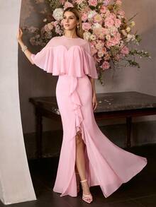MOTF PREMIUM Váy dạ hội dài chấm đất bằng vải chiffon cổ tròn tay lửng thanh lịch dành cho nữ - Váy viền xếp nếp hình nàng tiên cá với chi tiết xẻ tà và lưng trong suốt, lý tưởng cho tiệc cưới, sinh nhật và tiệc cocktail, phong cách với hoa tai xinh xắn và giày cao gót quai mảnh - Hồng - Xem 2