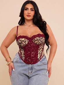 SHEIN BAE 大码女式豹纹蕾丝拼接吊带背心 - 酒紅色 - 查看 6