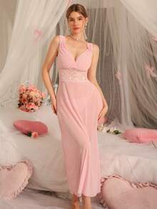 DelicateAllure Women's Contrast Lace High Slit Hem Semi-Sheer Sexy Nightgown And Thong Set - Dusty Pink - View 5