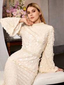 MOTF PREMIUM 优雅高领奢华美人鱼式正式礼服,长款喇叭袖,领口和腰部饰有仿珍珠,鱼尾裙摆,完美适用于舞会、晚宴、红毯、婚礼宾客、圣诞节或新年派对之夜——闪亮长袖女士长款连衣裙 - 杏色 - 查看 7