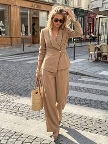 Pariaura Women's Elegant Contrast Trim Lapel V-Neck Long Sleeve Unique Belt Button High-End Blazer Jacket And Straight Wide Leg Pants Suit, Suitable For Autumn Office Commute - Khaki - View 7