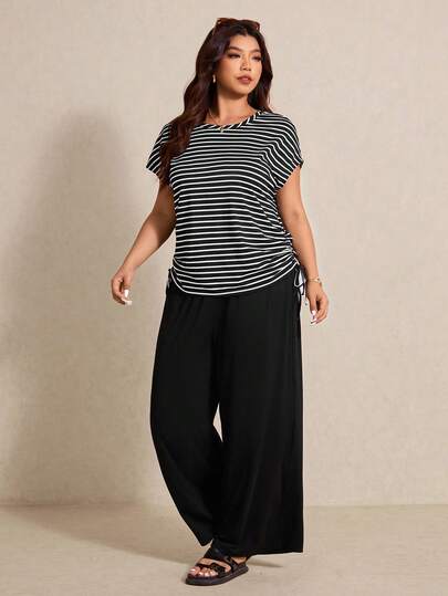 Elaquor Conjunto informal de 2 piezas de talla grande con cuello redondo y manga corta, de estilo holgado y a rayas