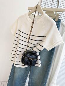 Franclia Casual Loose Round Neck Short Sleeve Knitted Striped Half-Placket Button Design Beige Women Pullover Sweater, Spring/Summer - Beige - View 5