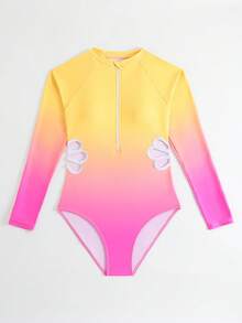 SHEIN 1 buah Baju Renang Terusan Anak Perempuan Remaja Warna Gradien dengan Potongan Pinggang Lengan Panjang, Baju Renang Pantai Neon untuk Liburan Olahraga Pantai Musim Panas - Kuning - View 5