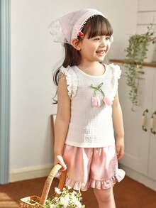 SHEIN Setelan Baju Bayi Perempuan (Ukuran Kecil) Rajut Jacquard Warna Krem dengan Hiasan Rumbai dan Celana Pendek Warna Pink dengan Hiasan Rumbai, Pakaian Musim Panas Bayi yang Lucu dan Menggemaskan - Berwarna merah muda - View 6