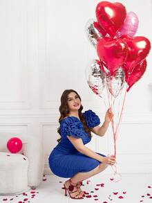 SHEIN Clasi 大码女士优雅情人节荷叶边泡泡袖3D立体花卉装饰修身针织连衣裙 - 寶藍色 - 查看 4